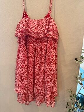 Red Floral Midi Sundress with Ruffle Bodice